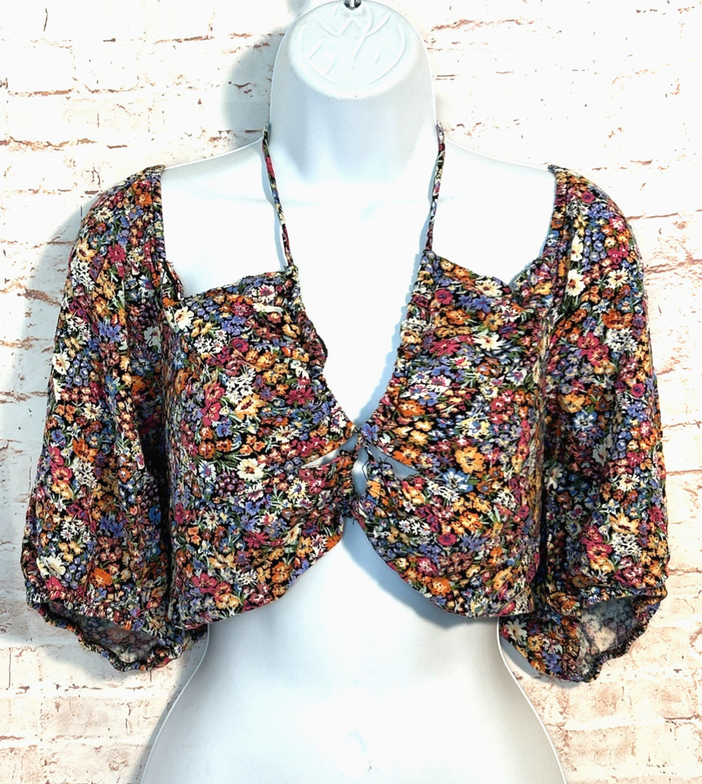 Wild Fable Floral Cropped Blouse Sz L Colorful Puff Short Sleeves Front Tie Top